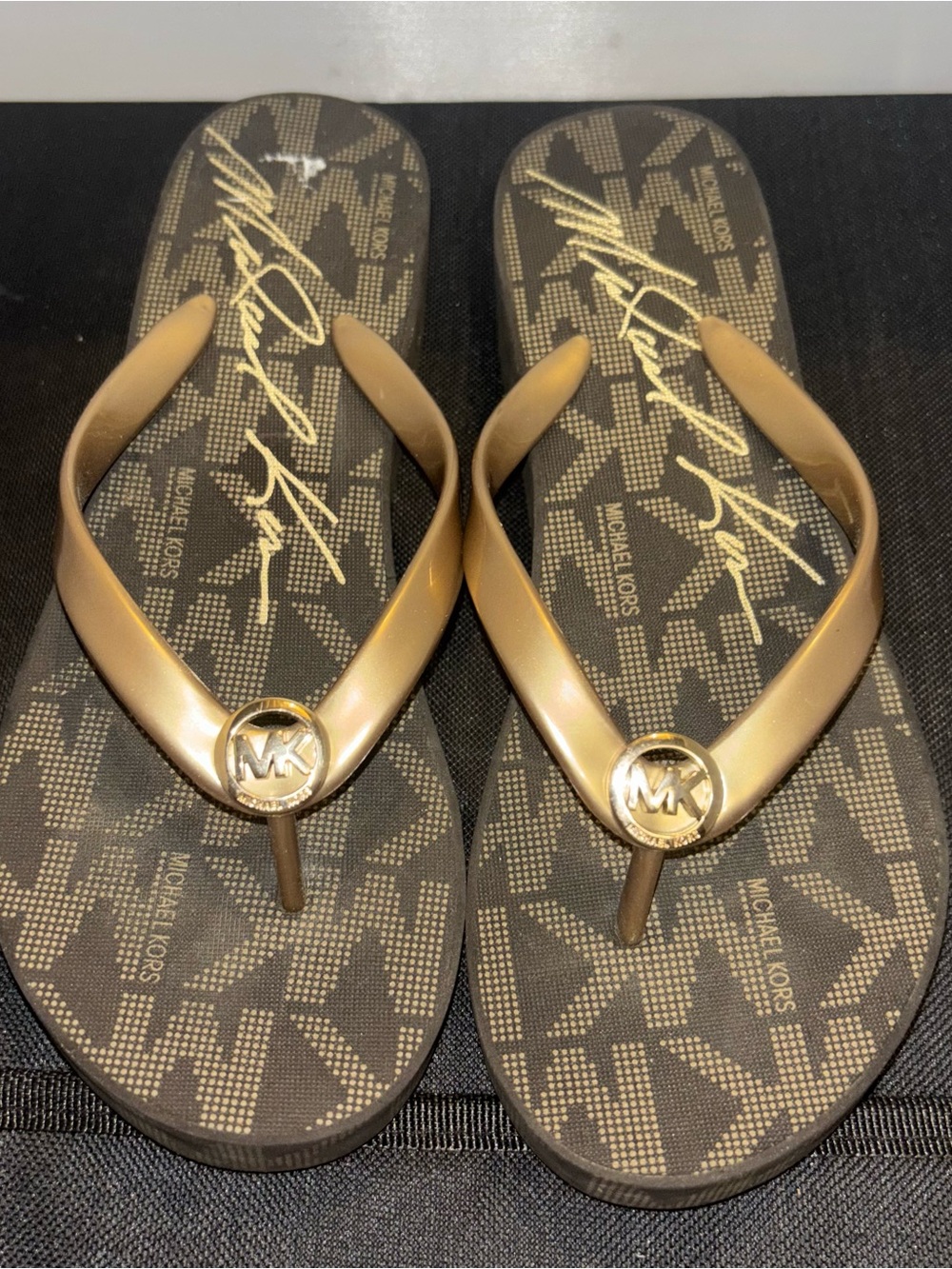 Michael Kors Metallic Gold MK Logo Thong Sandals